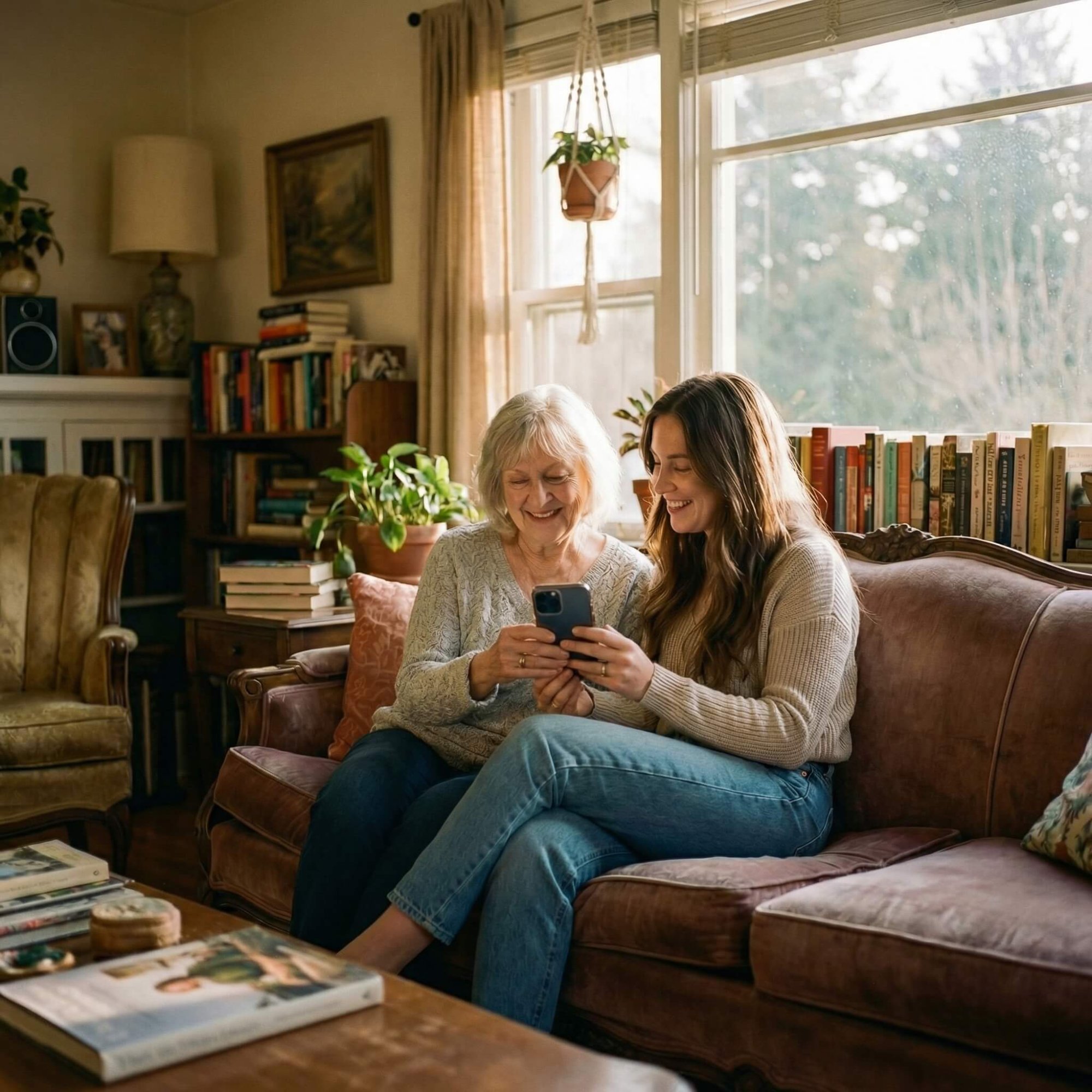 Mother and daughter using Dear Mom together on the couch
