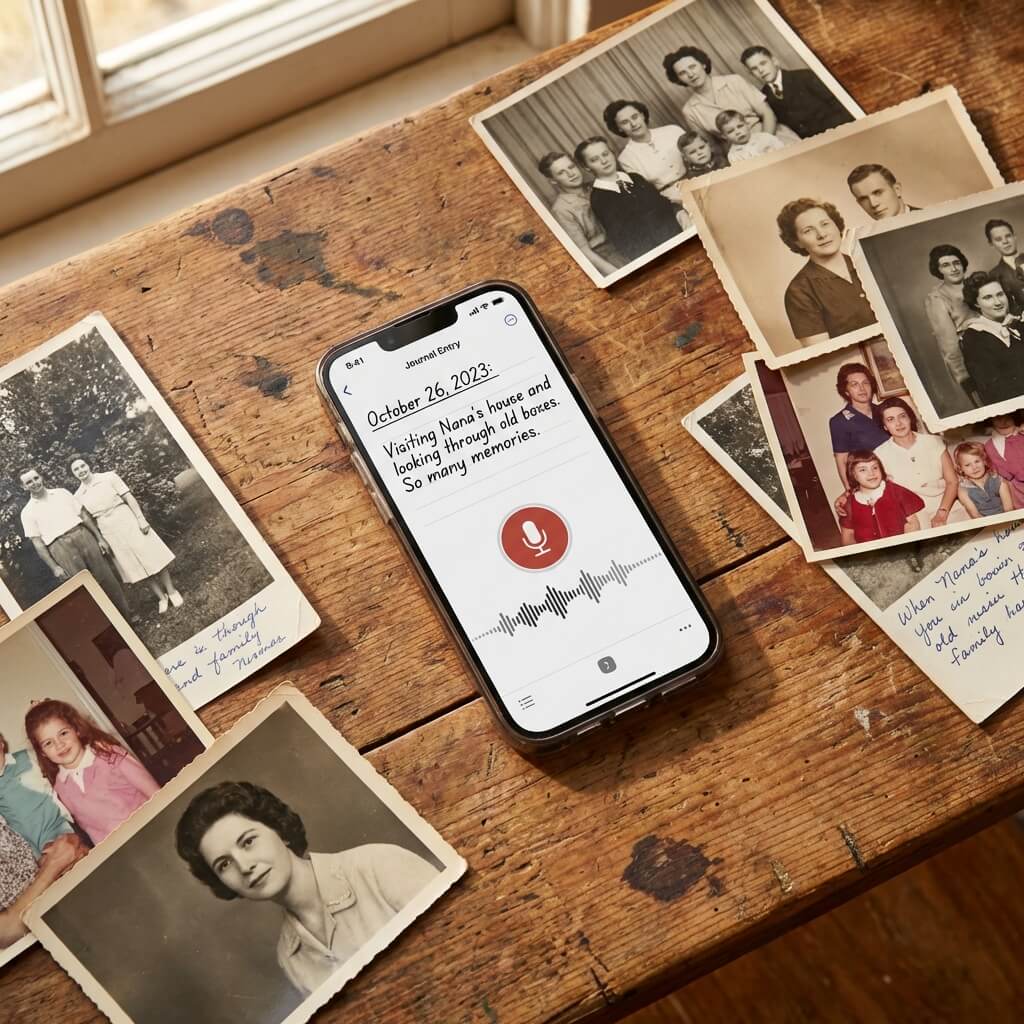 Phone recording voice memories alongside family photos