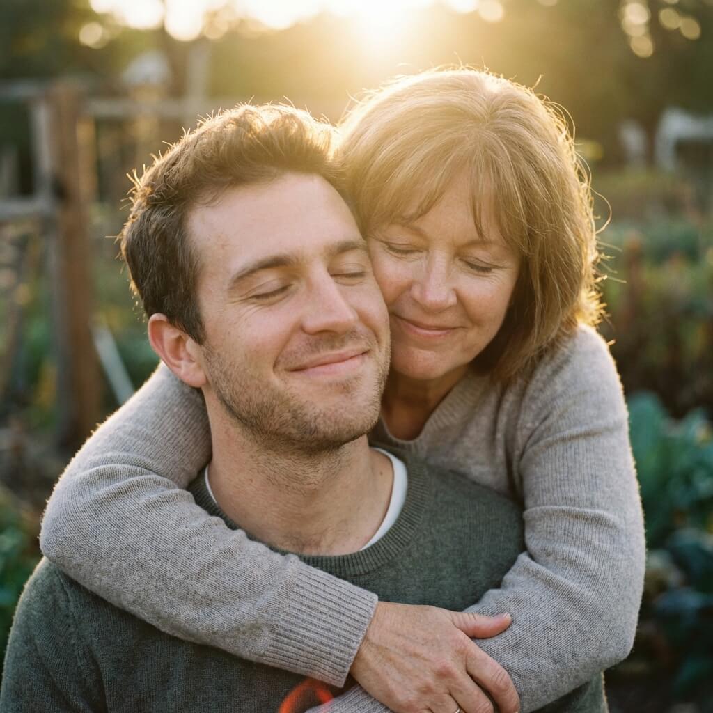 Son embracing his mother in golden sunlight