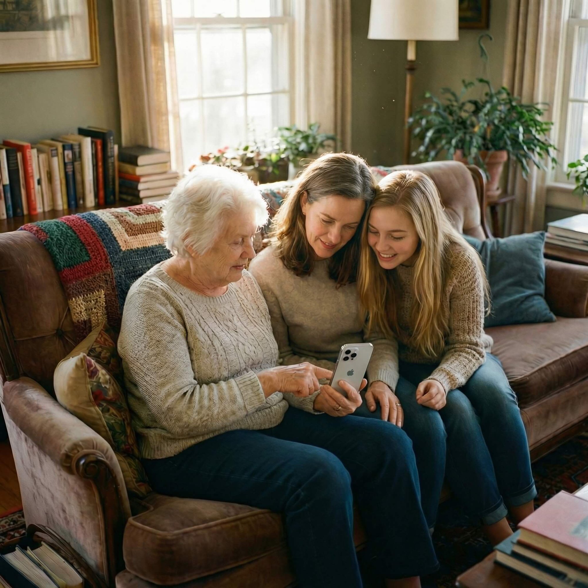 Three generations sharing memories together on the couch